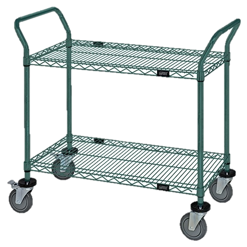 Quantum FoodService Metal Wire Cart 36"W x 18"D Two Shelves Green Finish