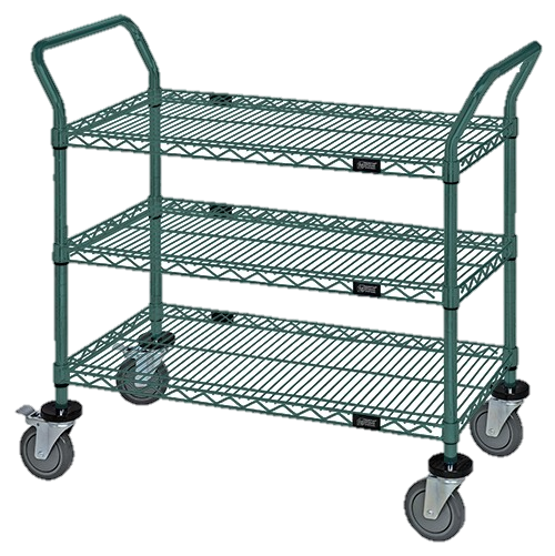 Quantum FoodService Metal Wire Cart 36"W x 18"D Three Shelves Green Finish