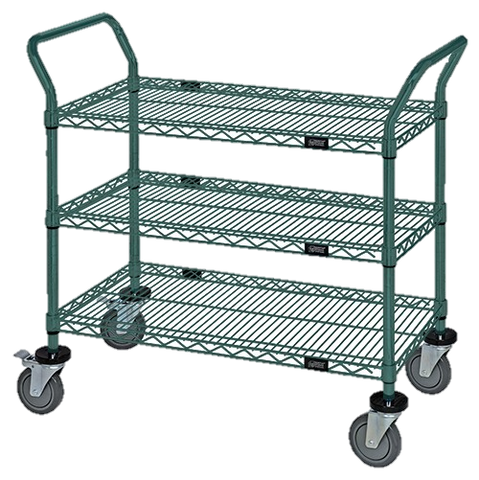 Quantum FoodService Metal Wire Cart 36"W x 18"D Three Shelves Green Finish