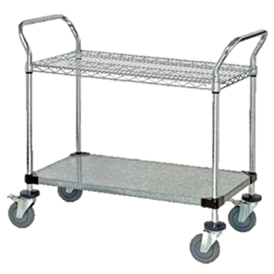 Quantum FoodService Metal Wire Cart 42"W x 18"D Two Shelves (Wire & Solid)