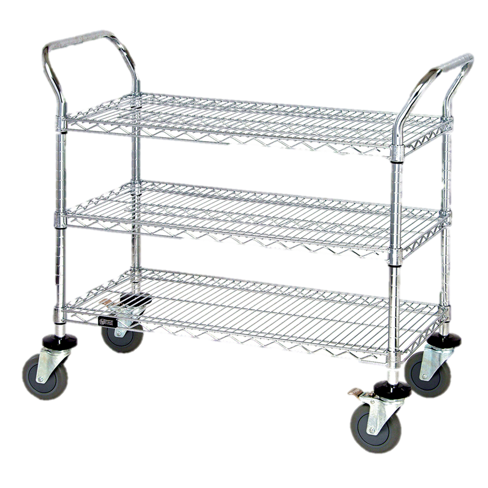 Quantum FoodService Metal Wire Cart 42"W x 18"D Three Shelves Chrome Finish