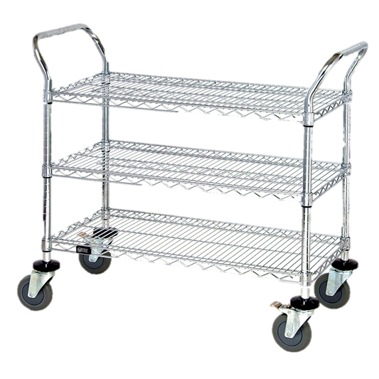 Quantum FoodService Metal Wire Cart 42"W x 18"D Three Shelves Chrome Finish