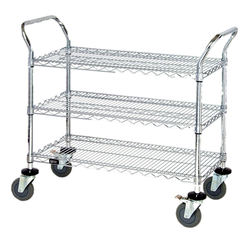 Quantum FoodService Metal Wire Cart 42"W x 18"D Three Shelves Chrome Finish