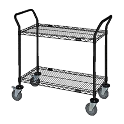 Quantum FoodService Metal Wire Cart 42"W x 18"D Two Shelves Black Epoxy Finish