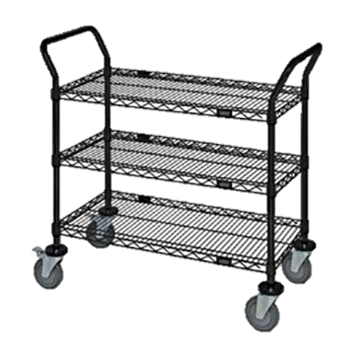Quantum FoodService Metal Wire Cart 42"W x 18"D Three Shelves Black Epoxy Finish