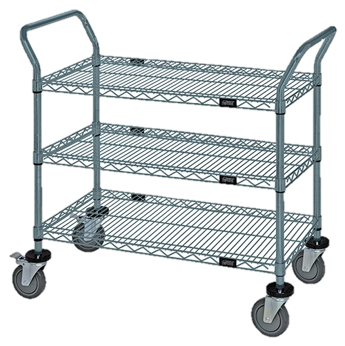 Quantum FoodService Metal Wire Cart 42"W x 18"D Three Shelves Gray Epoxy Finish