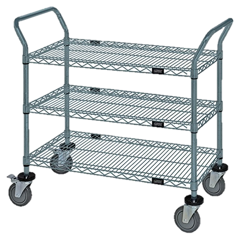 Quantum FoodService Metal Wire Cart 42"W x 18"D Three Shelves Gray Epoxy Finish
