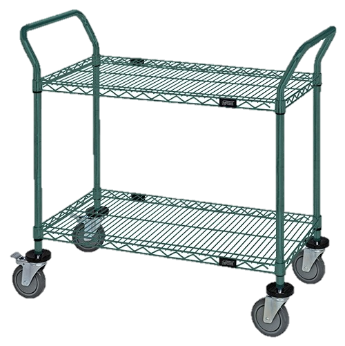 Quantum FoodService Metal Wire Cart 42"W x 18"D Two Shelves Green Epoxy Finish