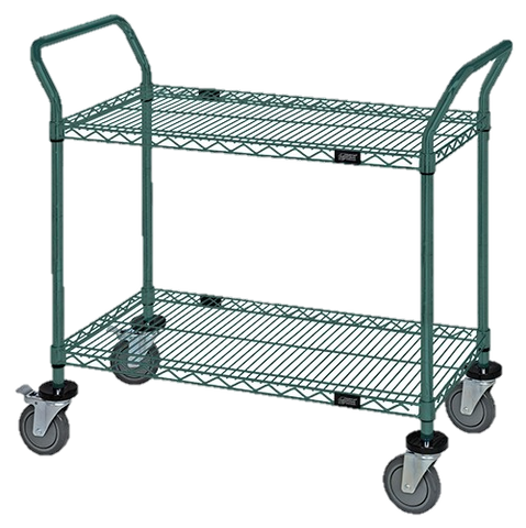 Quantum FoodService Metal Wire Cart 42"W x 18"D Two Shelves Green Epoxy Finish