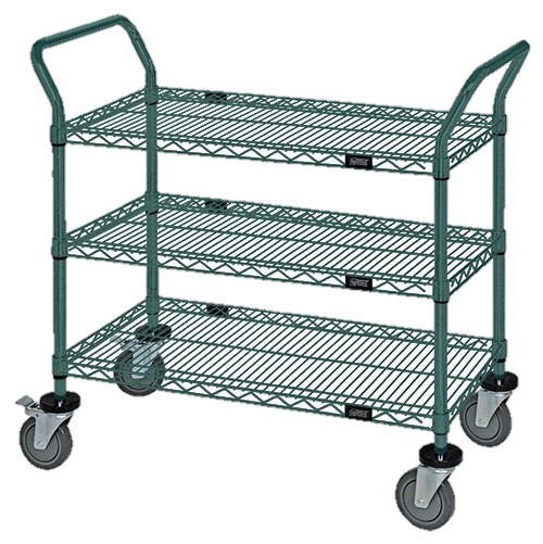 Quantum FoodService Metal Wire Cart 42"W x 18"D Three Shelves Green Epoxy Finish