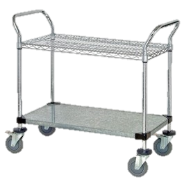 Quantum FoodService Metal Wire Cart 48"W x 18"D Two Shelves (Wire & Solid)