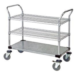 Quantum FoodService Metal Wire Cart 48"W x 18"D Three Shelves (Wire & Solid)