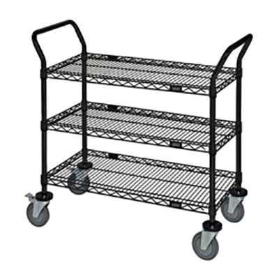 Quantum FoodService Metal Wire Cart 48"W x 18"D Three Shelves Black Epoxy Finish