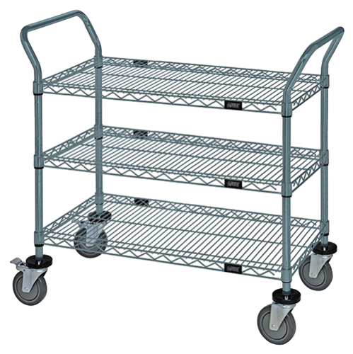 Quantum FoodService Metal Wire Cart 48"W x 18"D Three Shelves Gray Epoxy Finish