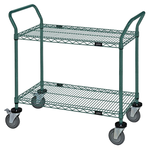 Quantum FoodService Metal Wire Cart 48"W x 18"D Two Shelves Green Epoxy Finish