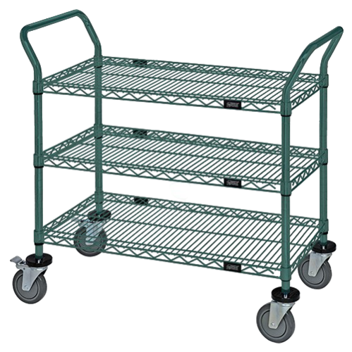 Quantum FoodService Metal Wire Cart 48"W x 18"D Three Shelves Green Epoxy Finish