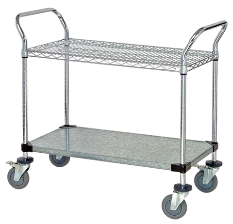 Quantum FoodService Metal Wire Cart 36"W x 24"D Two Shelves (Wire & Solid)