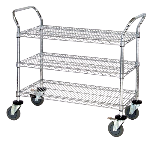 Quantum FoodService Metal Wire Cart 36"W x 24"D Three Shelves Chrome Finish