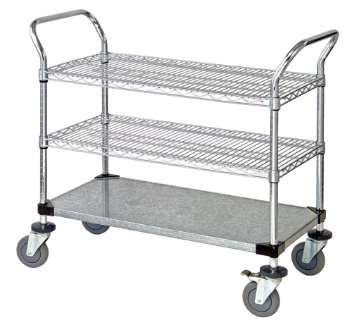 Quantum FoodService Metal Wire Cart 36"W x 24"D Three Shelves (Wire & Solid)