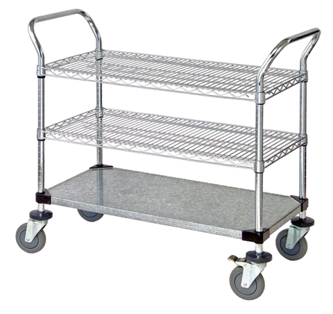 Quantum FoodService Metal Wire Cart 36"W x 24"D Three Shelves (Wire & Solid)