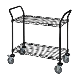 Quantum FoodService Metal Wire Cart 36"W x 24"D Two Shelves Black Epoxy Finish