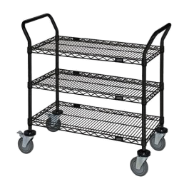Quantum FoodService Metal Wire Cart 36"W x 24"D Three Shelves Black Epoxy Finish