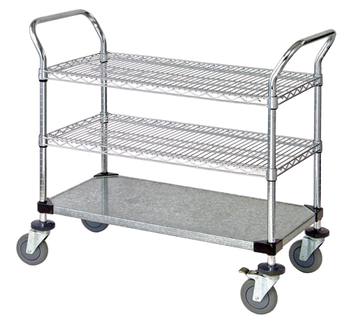 Quantum FoodService Metal Wire Cart 42"W x 24"D Three Shelves (Wire & Solid)