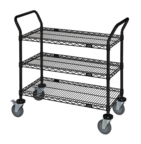 Quantum FoodService Metal Wire Cart 42"W x 24"D Three Shelves Black Epoxy Finish
