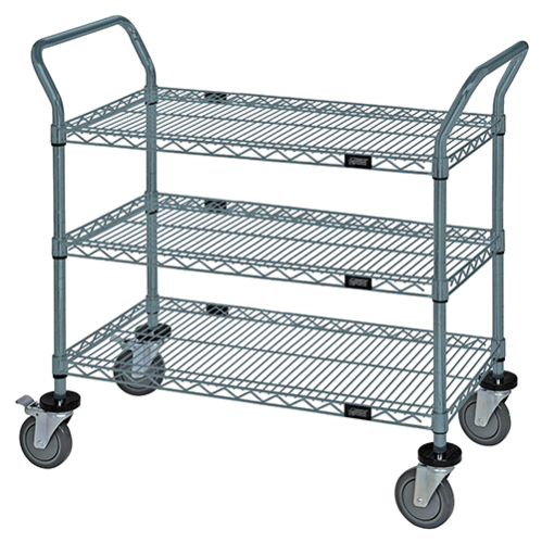 Quantum FoodService Metal Wire Cart 42"W x 24"D Three Shelves Gray Epoxy Finish