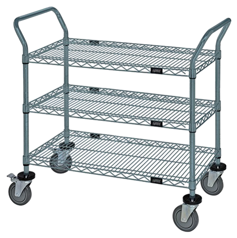 Quantum FoodService Metal Wire Cart 42"W x 24"D Three Shelves Gray Epoxy Finish