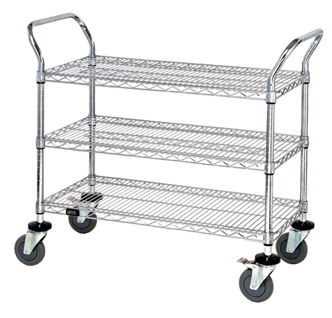 Quantum FoodService Metal Wire Cart 48"W x 24"D Three Shelves Chrome Finish