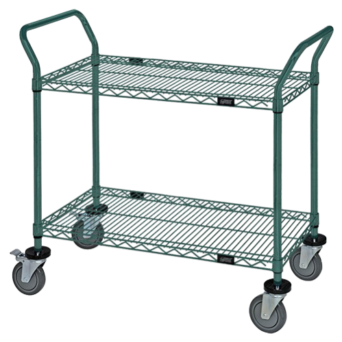 Quantum FoodService Metal Wire Cart 48"W x 24"D Three Shelves Green Epoxy Finish