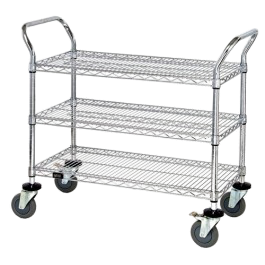 Quantum FoodService Metal Wire Cart 36"W x 18"D Three Shelves Stainless Steel