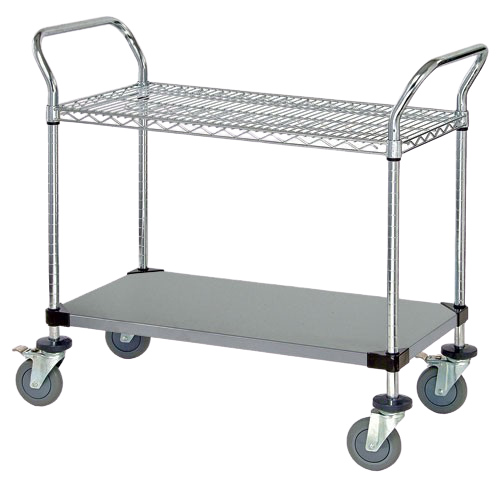 Quantum FoodService Metal Wire Cart 36"W x 18"D Two Shelves (Wire & Solid) Stainless Steel