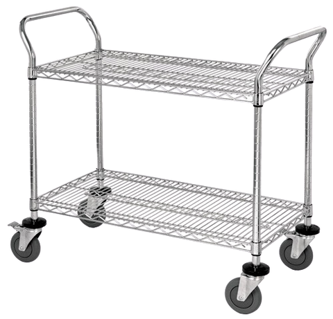 Quantum FoodService Metal Wire Cart 42"W x 18"D Two Shelves Stainless Steel