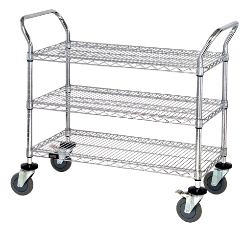 Quantum FoodService Metal Wire Cart 42"W x 18"D Three Shelves Stainless Steel