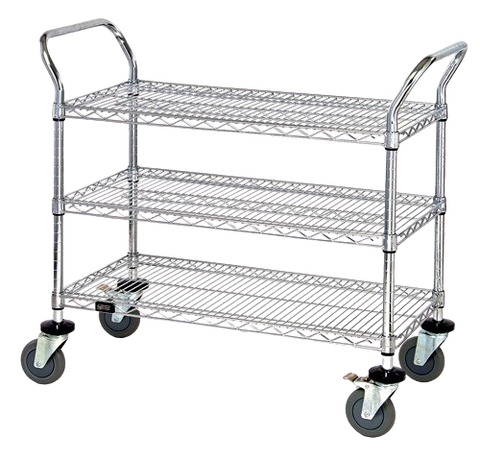 Quantum FoodService Metal Wire Cart 42"W x 18"D Three Shelves Stainless Steel