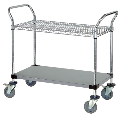 Quantum FoodService Metal Wire Cart 42"W x 18"D Two Shelves (Wire & Solid) Stainless Steel