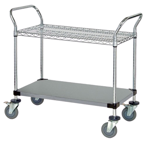 Quantum FoodService Metal Wire Cart 42"W x 18"D Two Shelves (Wire & Solid) Stainless Steel