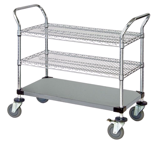 Quantum FoodService Metal Wire Cart 42"W x 18"D Two Shelves Stainless Steel