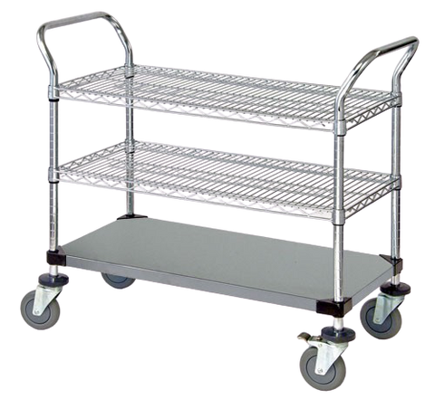 Quantum FoodService Metal Wire Cart 48"W x 18"D Three Shelves (Wire & Solid) Stainless Steel