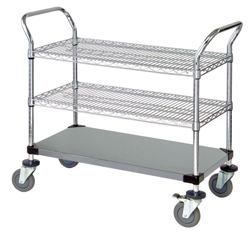 Quantum FoodService Metal Wire Cart 36"W x 24"D Three Shelves (Wire & Solid) Stainless Steel