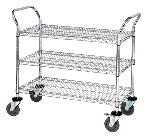 Quantum FoodService Metal Wire Cart 42"W x 24"D Three Shelves Stainless Steel