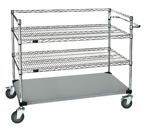 Quantum FoodService Metal Wire Cart 48"W x 24"D Three Shelves (Wire & Solid) Stainless Steel