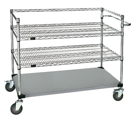 Quantum FoodService Metal Wire Cart 48"W x 24"D Three Shelves (Wire & Solid) Stainless Steel
