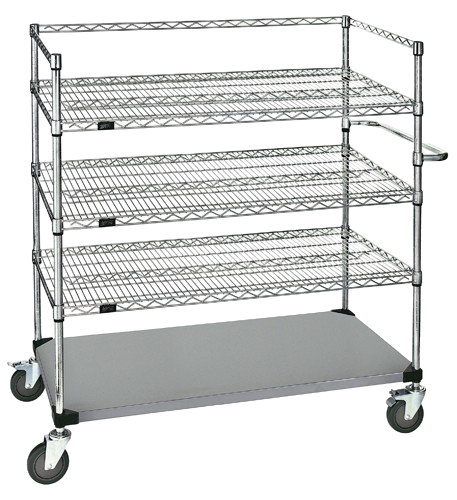 Quantum FoodService Metal Wire Cart 36"W x 24"D Four Shelves (Wire & Solid) Stainless Steel