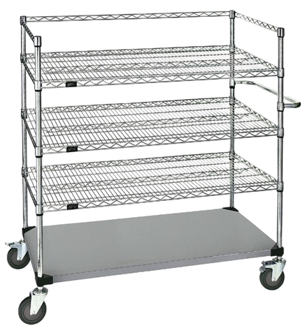 Quantum FoodService Metal Wire Cart 36"W x 24"D Four Shelves (Wire & Solid) Stainless Steel