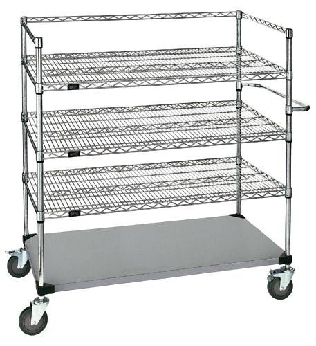 Quantum FoodService Metal Wire Cart 48"W x 24"D Four Shelves (Wire & Solid) Stainless Steel