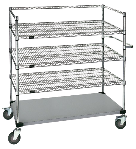 Quantum FoodService Metal Wire Cart 60"W x 24"D Four Shelves (Wire & Solid) Stainless Steel