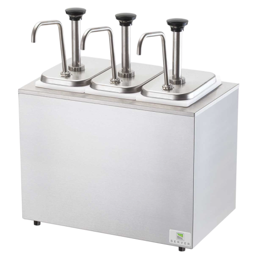 Server Cold Station Jars & Pumps Three 3.5 qt. Capacity 18.69"H x 15.5"W x 12"D Silver Stainless Steel Plastic Jars With Insulated Base